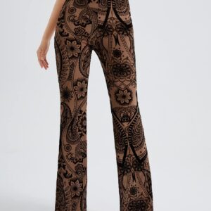 OYOANGLE Women's Bootcut High Waisted Yoga Pants Floral Print Wide Leg Pants Trousers Brown Floral M