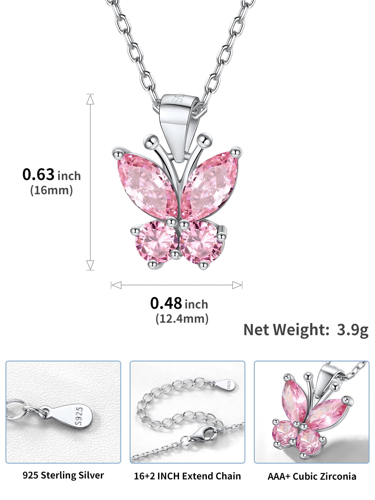 SILVERCUTE Pink Butterfly Pendant Necklace 925 Sterling Sterling Silver Cute Insect Animal Pendant & Chain for Women