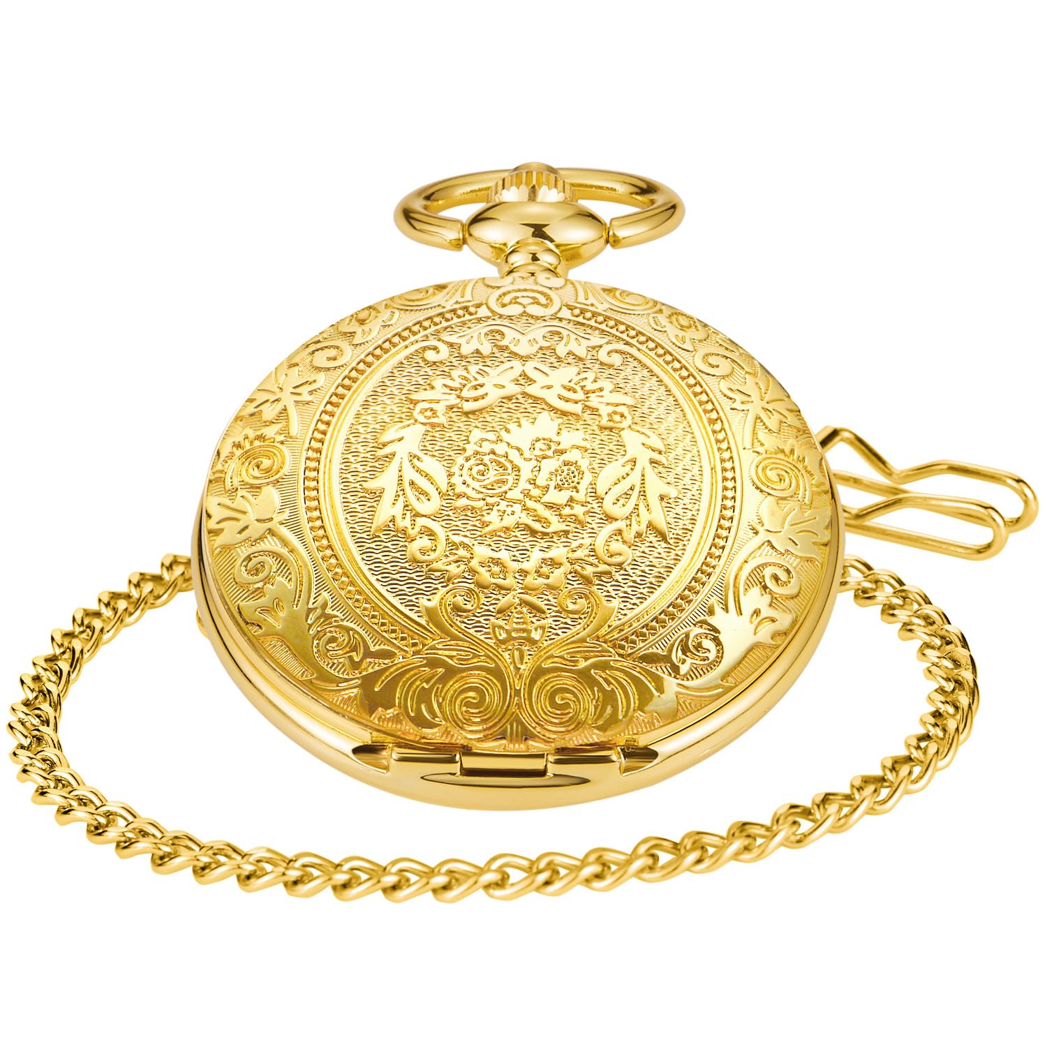 Realpoo Gold Large Decorative Flower Pattern Pocket Watch White Roman Numeral Scale Quartz Pocket Watches for Men with Chain