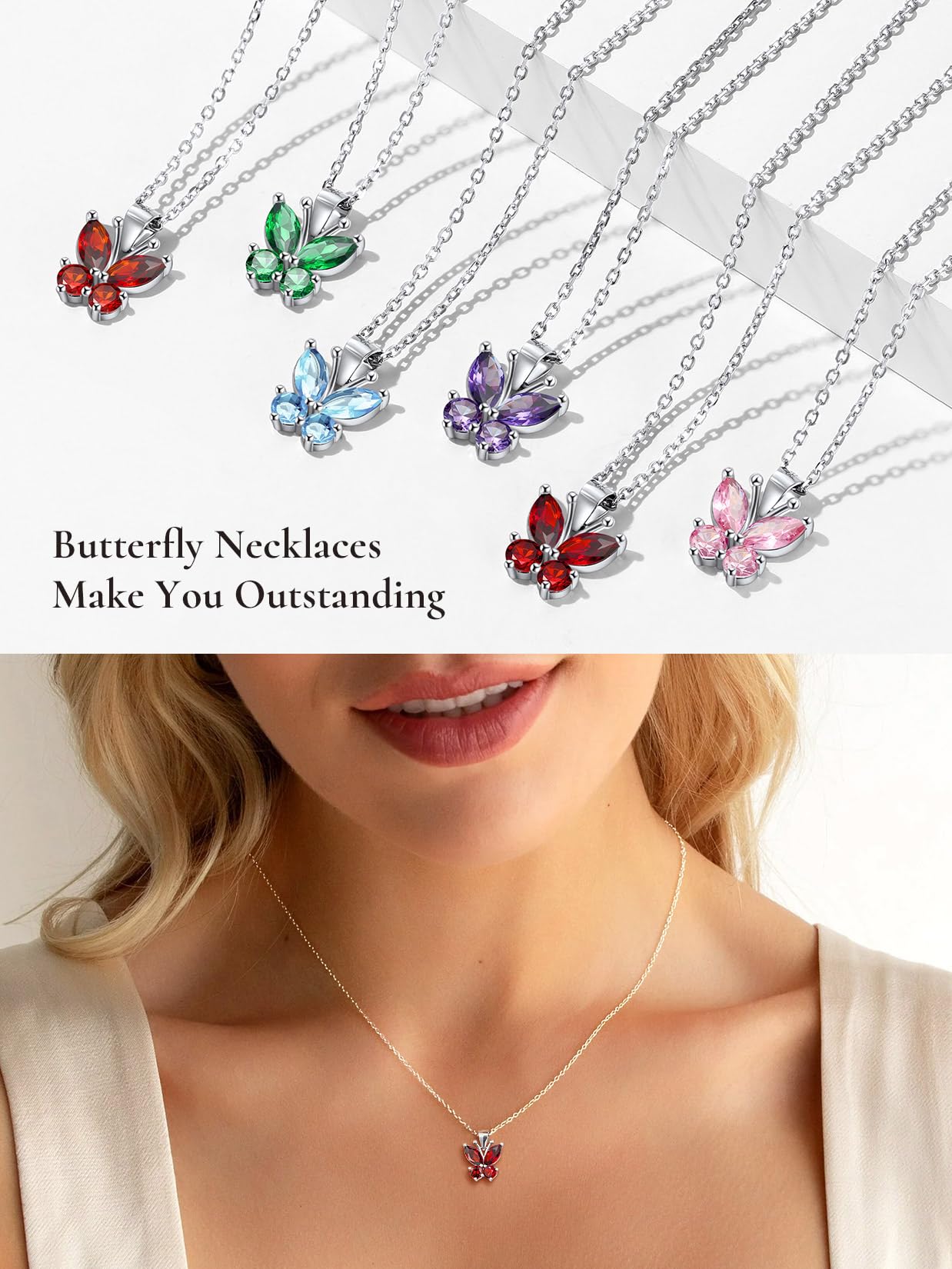 SILVERCUTE Pink Butterfly Pendant Necklace 925 Sterling Sterling Silver Cute Insect Animal Pendant & Chain for Women