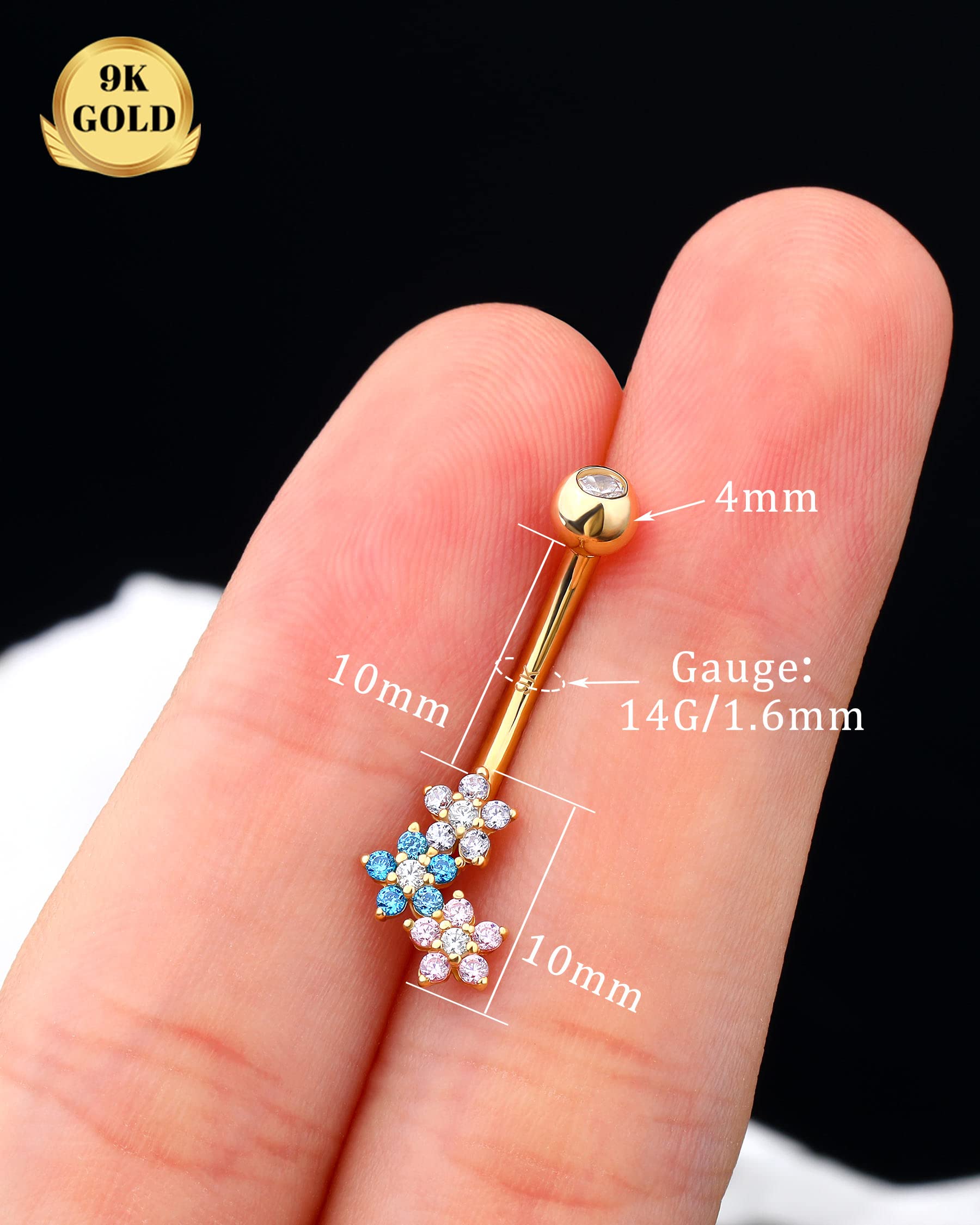 Melighting Solid Gold Belly Button Ring Gold Flower Belly Ring Clear CZ 9K Gold Belly Piercing Jewelry 14G Navel Ring for Women