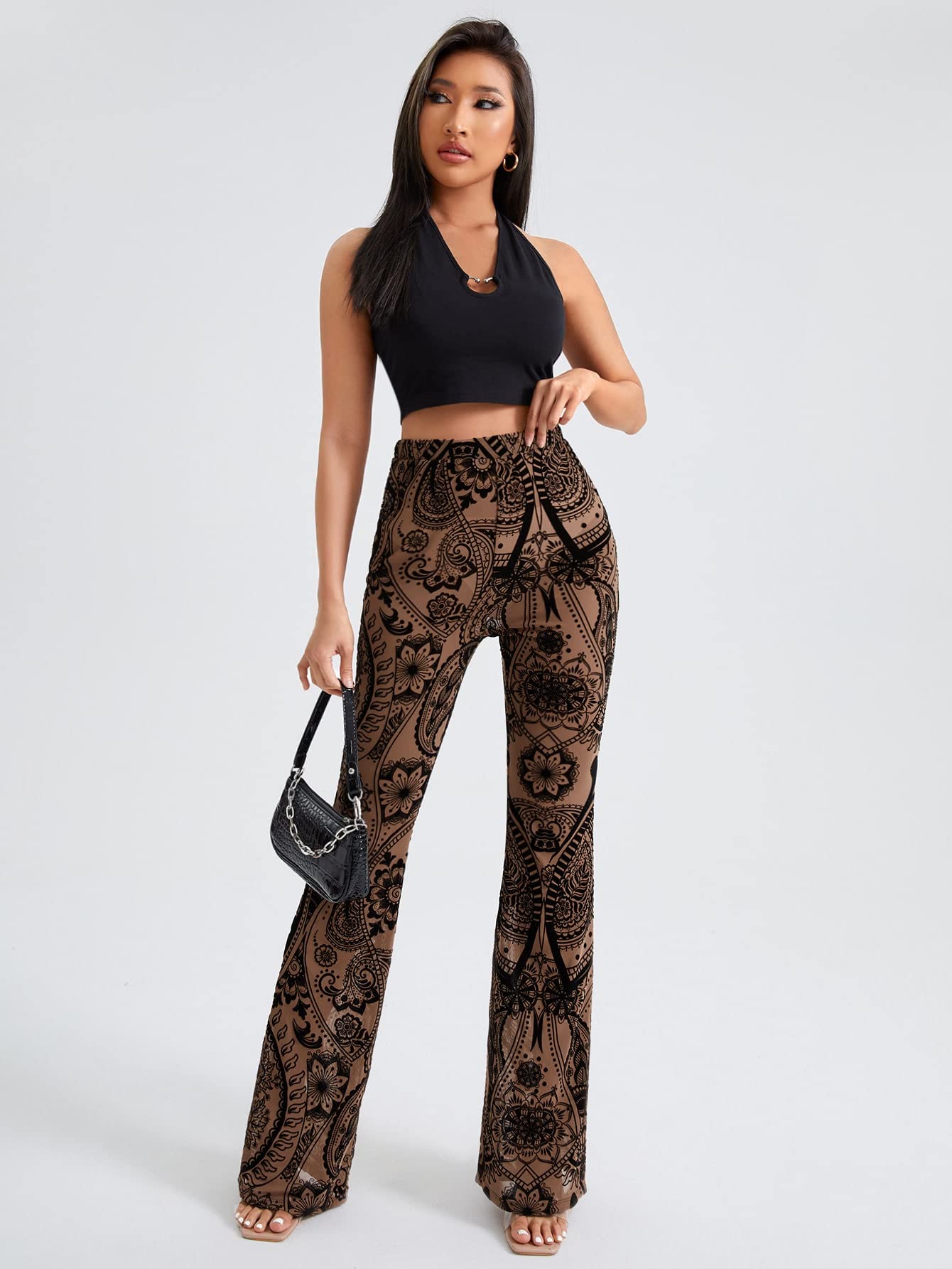 OYOANGLE Women's Bootcut High Waisted Yoga Pants Floral Print Wide Leg Pants Trousers Brown Floral M