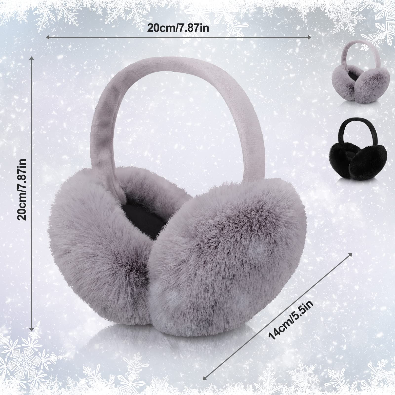 SATINIOR 2 Pieces Winter Ear muffs Faux Fur Earmuffs Cute Foldable Outdoor Ear Warmers Faux Fur Ear Warmers for Women (Gray, Black)