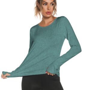 Back Long Sleeve Workout Tops for Women with Thumb Hole Backless Crewneck Gym Yoga Shirts Green