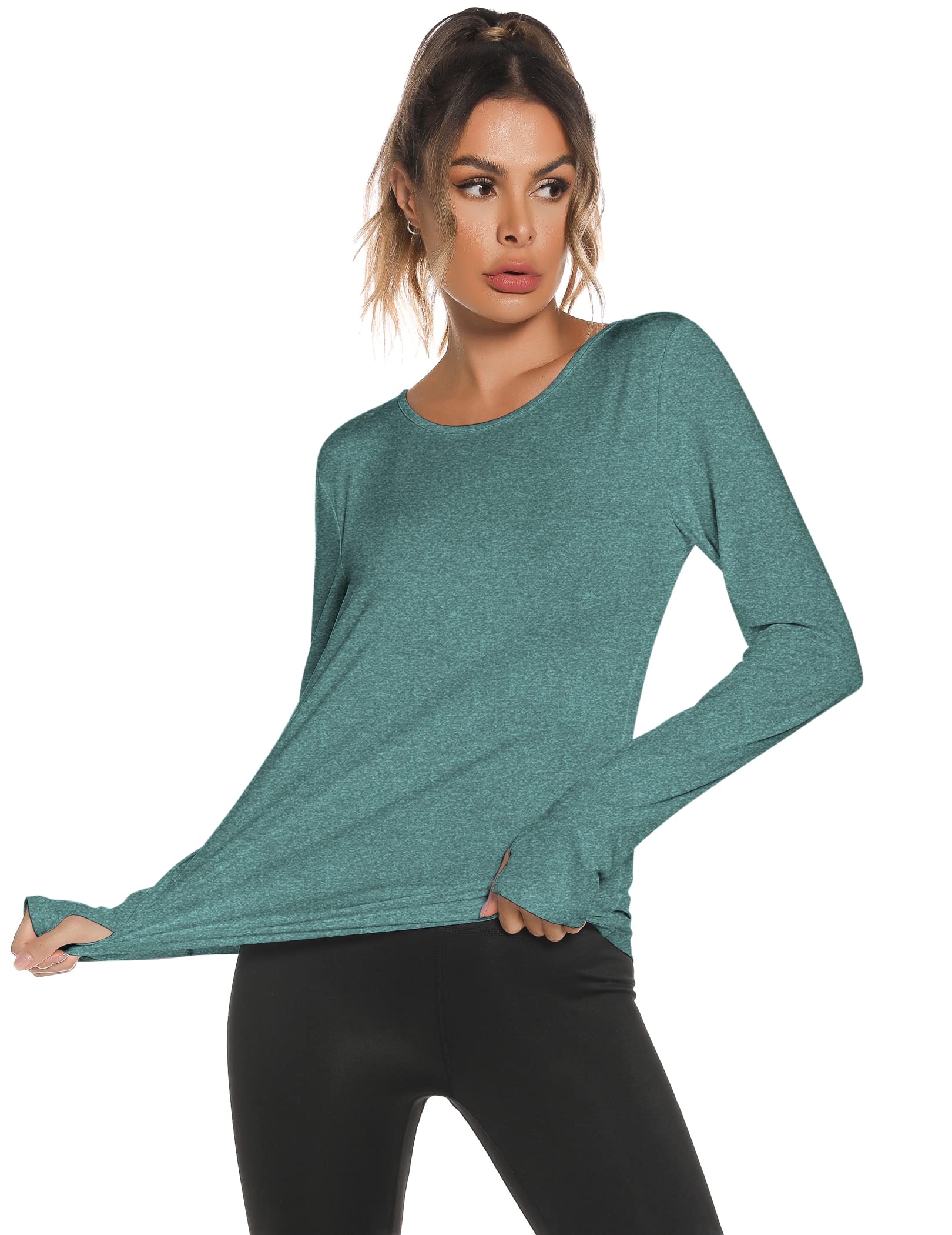 Back Long Sleeve Workout Tops for Women with Thumb Hole Backless Crewneck Gym Yoga Shirts Green