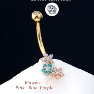 Melighting Solid Gold Belly Button Ring Gold Flower Belly Ring Clear CZ 9K Gold Belly Piercing Jewelry 14G Navel Ring for Women