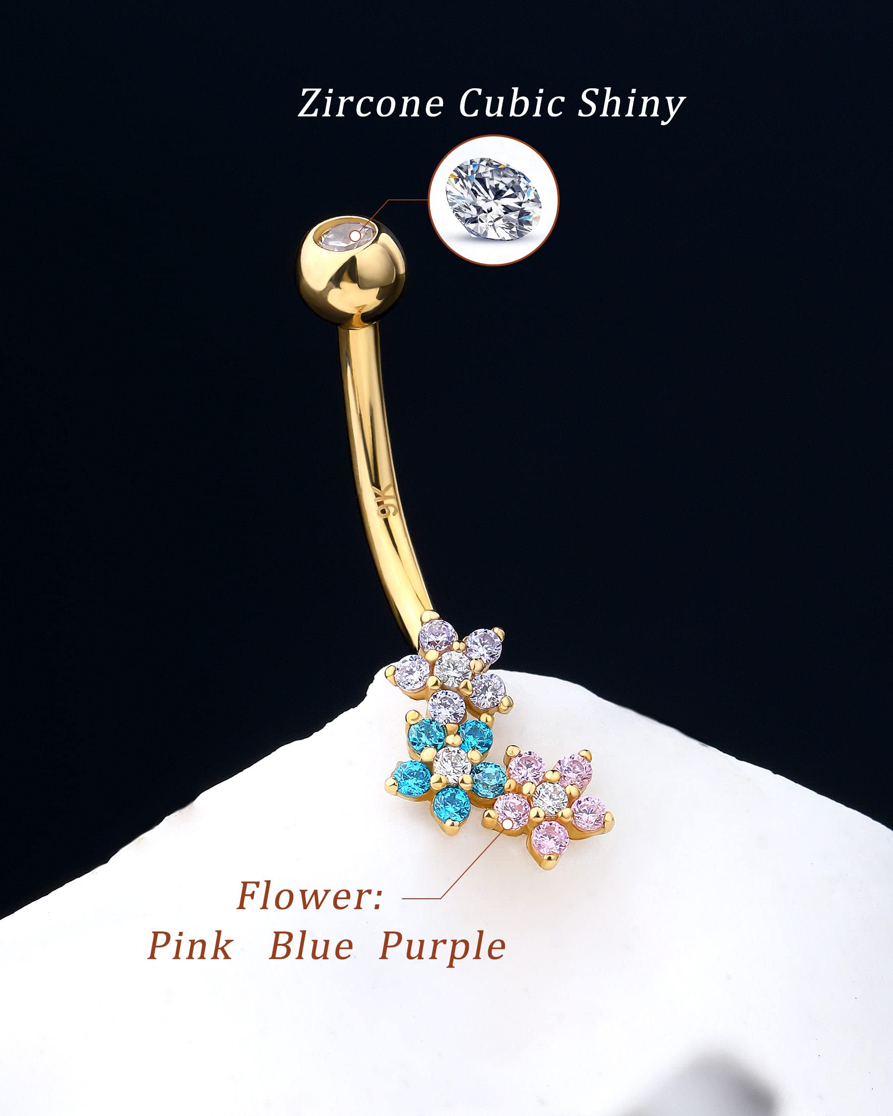 Melighting Solid Gold Belly Button Ring Gold Flower Belly Ring Clear CZ 9K Gold Belly Piercing Jewelry 14G Navel Ring for Women