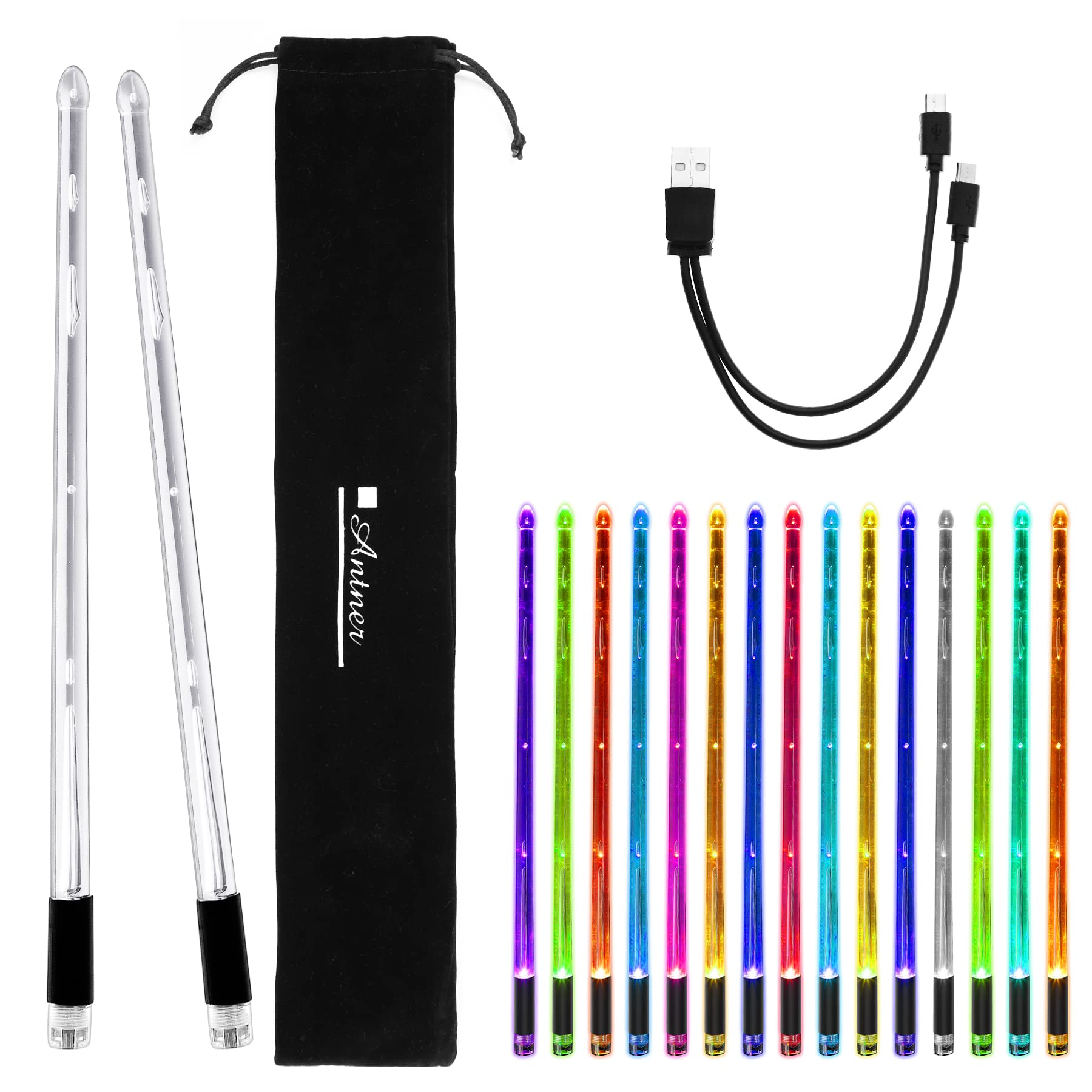 Antner Rechargeable LED Light Up Drum Sticks 15 Color Changing Drumsticks with Storage Bag for Adults Drummers, Durable Professional PC Polymer Material Drumsticks, Cool LED Light Up Drumsticks