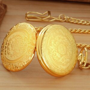 Realpoo Gold Large Decorative Flower Pattern Pocket Watch White Roman Numeral Scale Quartz Pocket Watches for Men with Chain