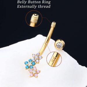 Melighting Solid Gold Belly Button Ring Gold Flower Belly Ring Clear CZ 9K Gold Belly Piercing Jewelry 14G Navel Ring for Women