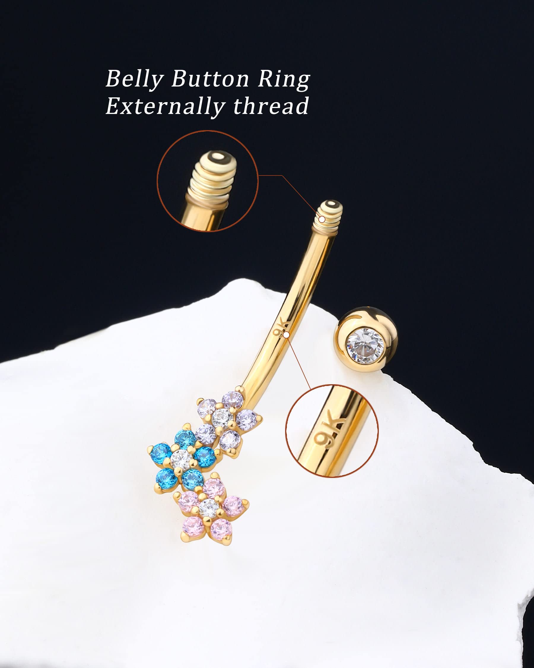 Melighting Solid Gold Belly Button Ring Gold Flower Belly Ring Clear CZ 9K Gold Belly Piercing Jewelry 14G Navel Ring for Women