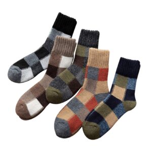 ikevan 5 pairs of mens socks winter soft warm cold knit wool socks and plaid stocking