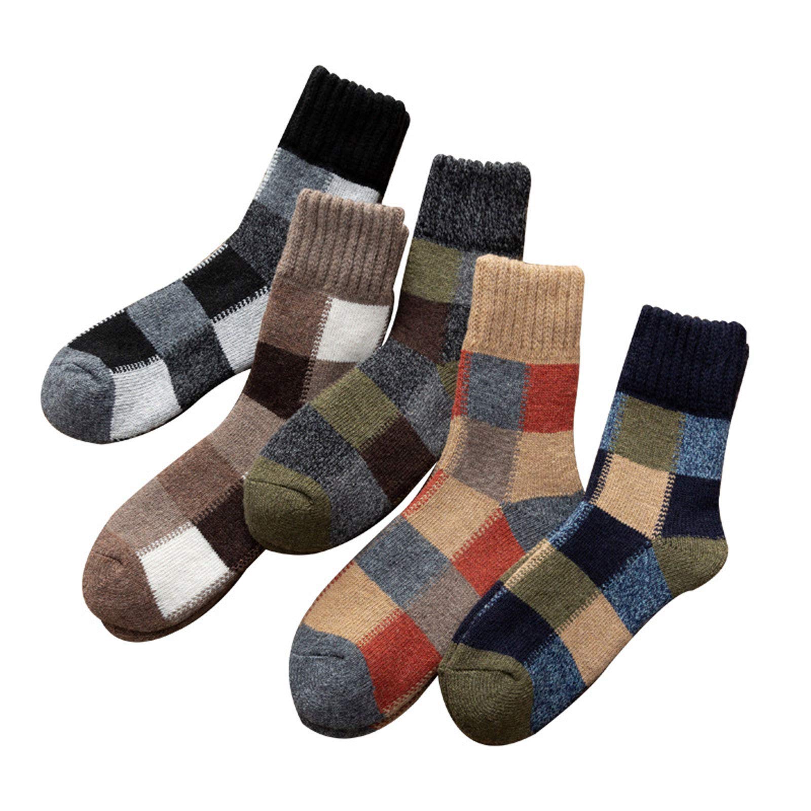 Ikevan 5 Pairs of Mens Socks Winter Soft Warm Cold Knit Wool Socks And Plaid Stocking