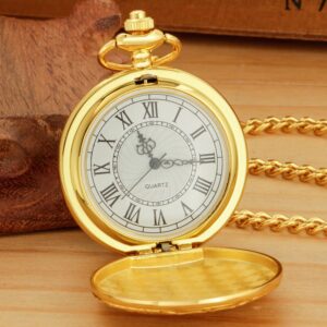 Realpoo Gold Large Decorative Flower Pattern Pocket Watch White Roman Numeral Scale Quartz Pocket Watches for Men with Chain