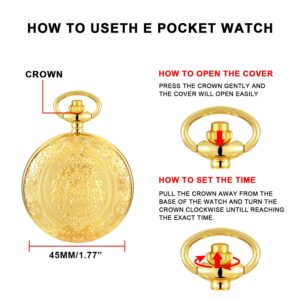 Realpoo Gold Large Decorative Flower Pattern Pocket Watch White Roman Numeral Scale Quartz Pocket Watches for Men with Chain