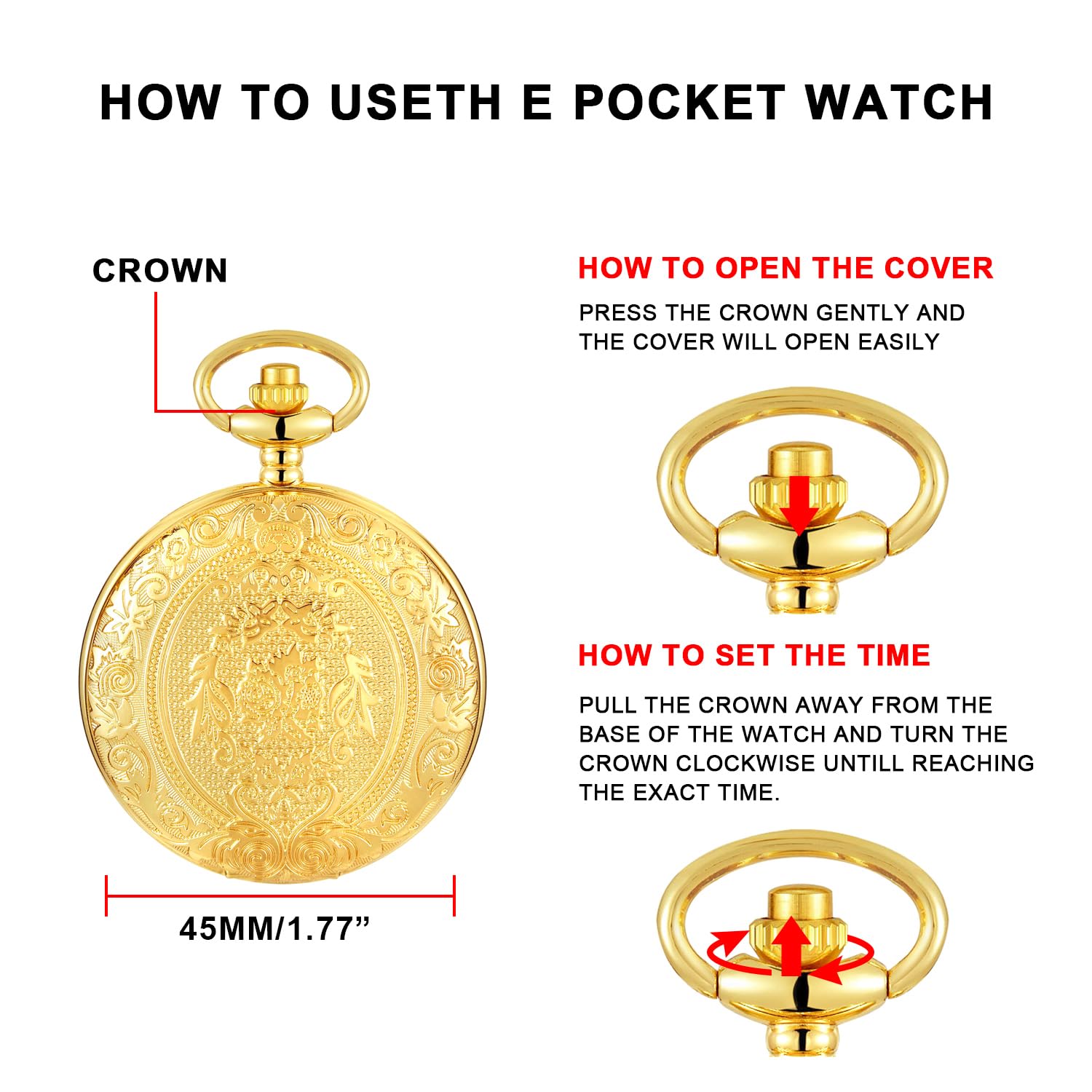 Realpoo Gold Large Decorative Flower Pattern Pocket Watch White Roman Numeral Scale Quartz Pocket Watches for Men with Chain