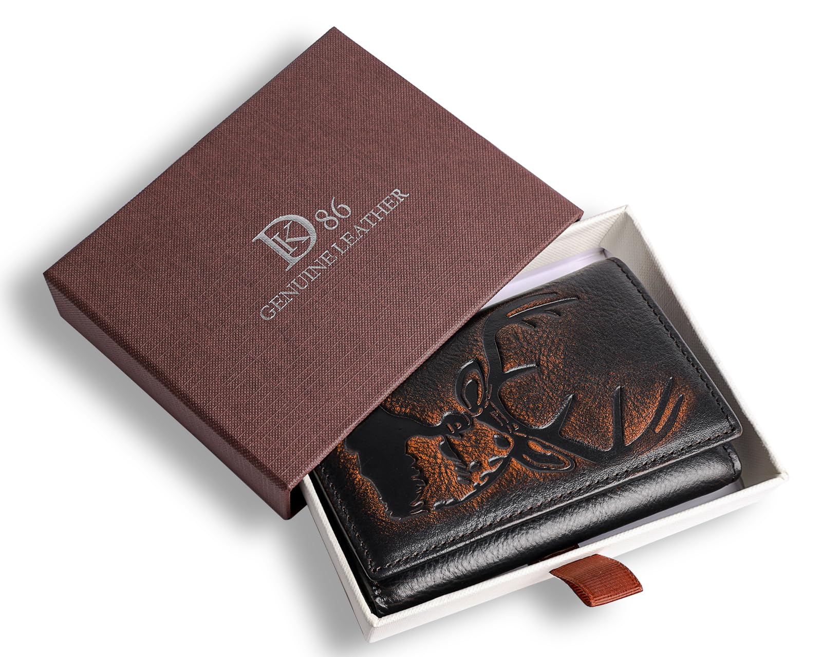 DK86 Deer Trifold Wallets for Men Full Grain Leather with Hand Burnished Tri-Fold Wallet RFID Blocking (Black and Brown)