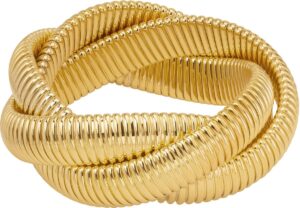 janis by janis savitt triple cobra bracelet with 1-1/4” wide with three flexible interlocking 1/2" stretch twist bands high polished 18k gold made in usa