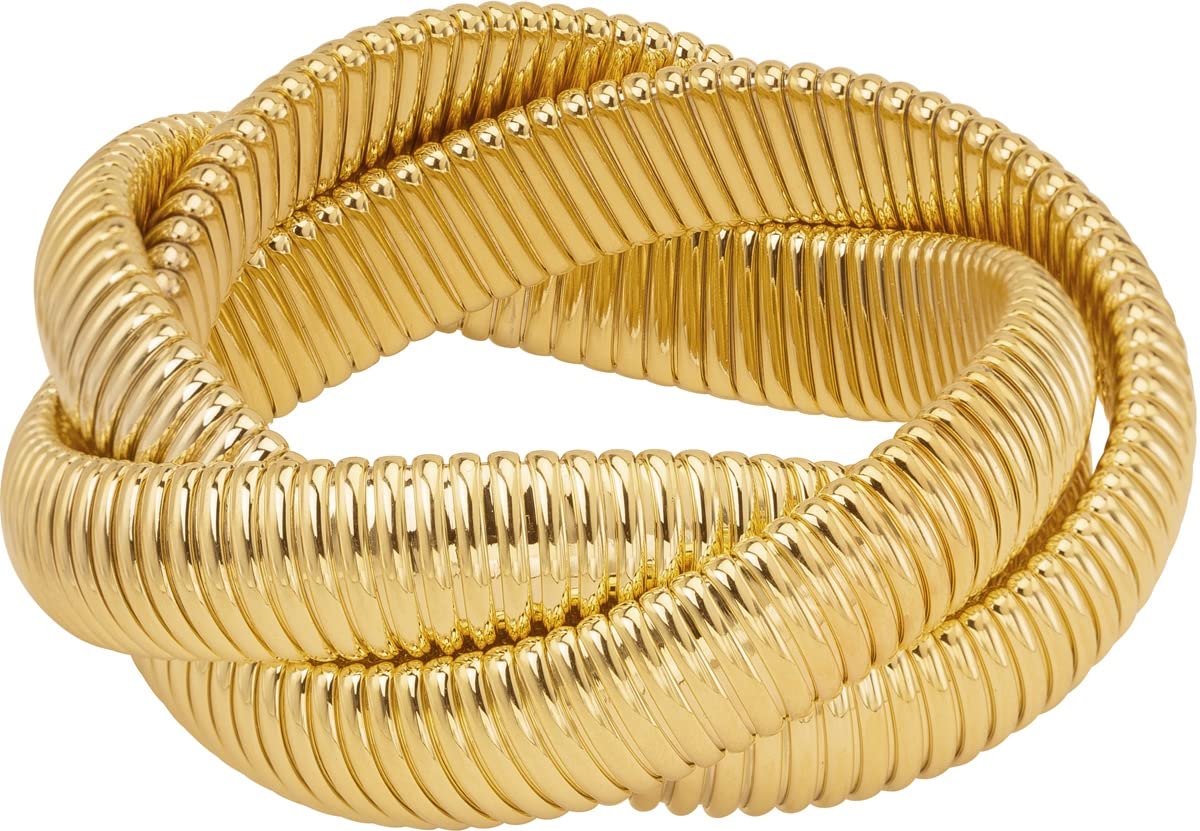 JANIS BY JANIS SAVITT Triple Cobra Bracelet With 1-1/4” Wide With Three Flexible Interlocking 1/2" Stretch Twist Bands High Polished 18K Gold MADE IN USA