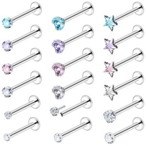 Ftovosyo 18G Threadless Push in Nose Rings Studs Surgical Steel Pushin Nose Stud 2mm 2.5mm 3mm Round/Heart/Star Crystal Nose Piercing Jewelry for Women Men 6mm