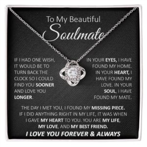 to my soulmate necklace for women, to my wife necklace from husband, love knot necklace gifts for wife from husband, birthday gifts for wife, beautiful soulmate jewelry on christmas