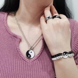 6 pieces Yin Yang Adjustable Cord Bracelet Set for Couple Yin Yang Matching Pendant Necklace for BFF Yin Yang Tai Chi Ring Band for Friendship Boyfriend Girlfriend (N Yin Yang Set, one size)