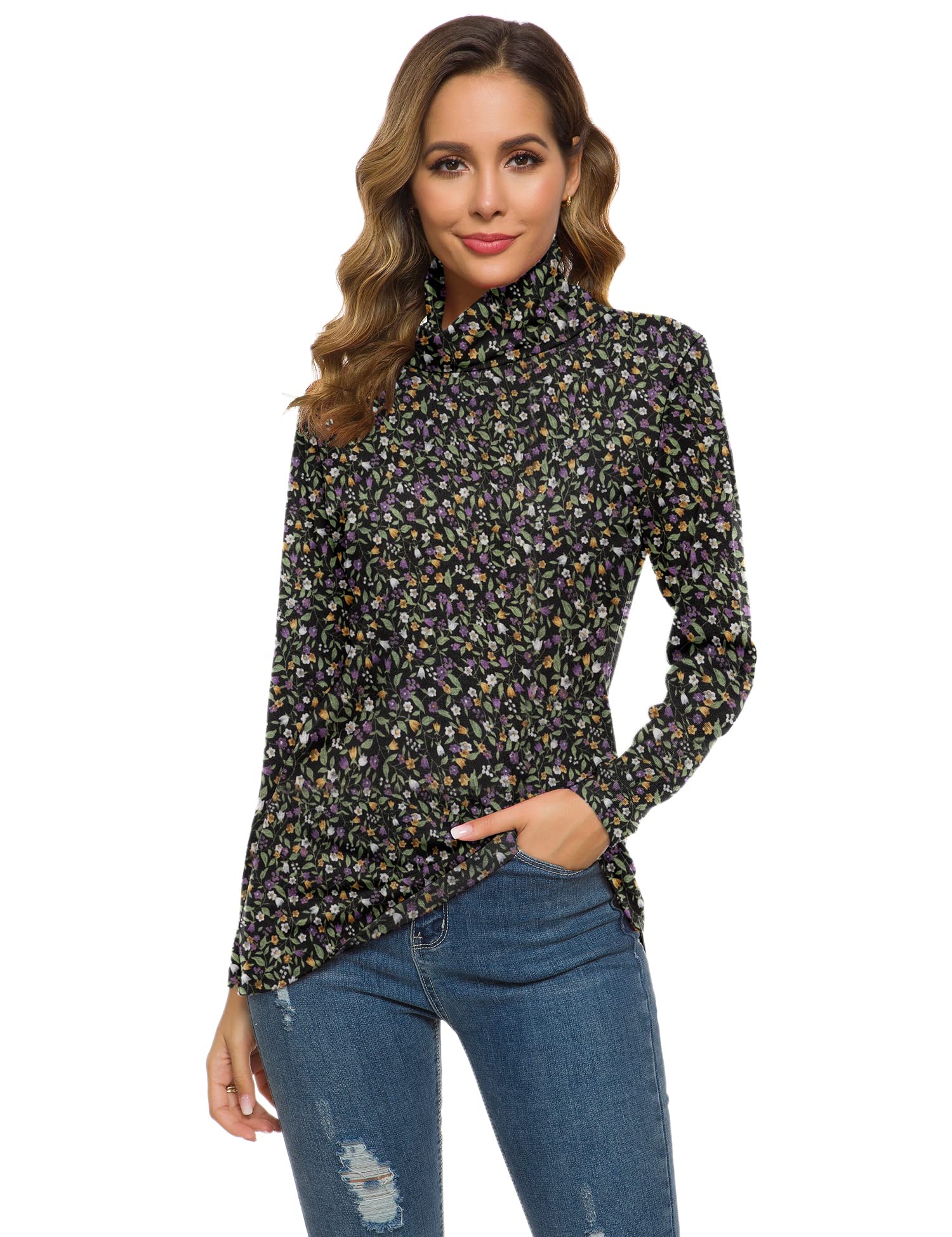 Women's Turtleneck Long Sleeve Fall Shirts Casual Slim Fit Basic Tops Layer Winter Warm Thermal Layering Tee Floral