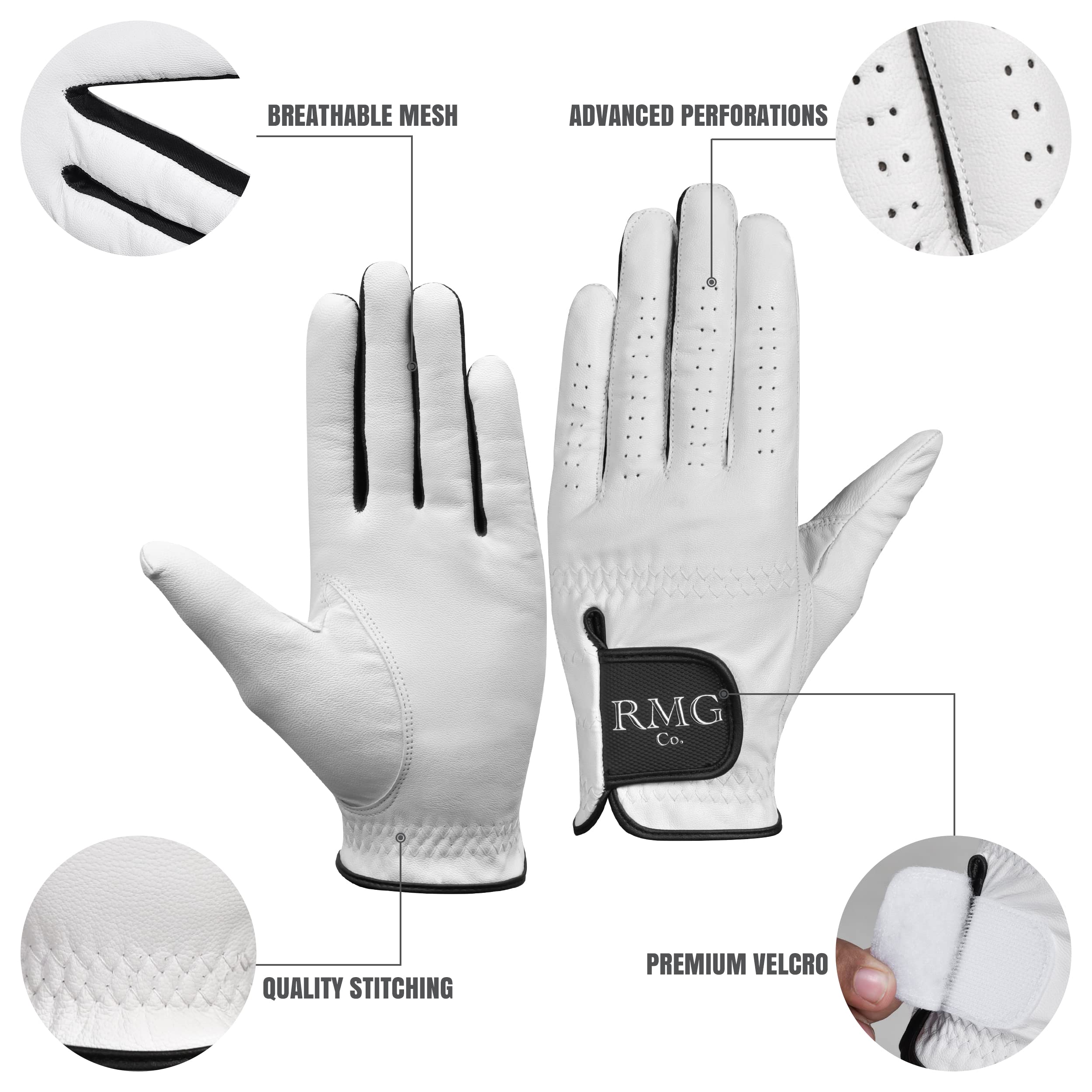 RMG Co. Premium Leather Classic White Golf Glove for Men Available in Left and Right Hand (Large, Left)