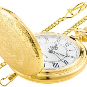 Realpoo Gold Large Decorative Flower Pattern Pocket Watch White Roman Numeral Scale Quartz Pocket Watches for Men with Chain