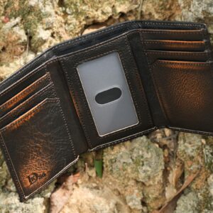 DK86 Deer Trifold Wallets for Men Full Grain Leather with Hand Burnished Tri-Fold Wallet RFID Blocking (Black and Brown)