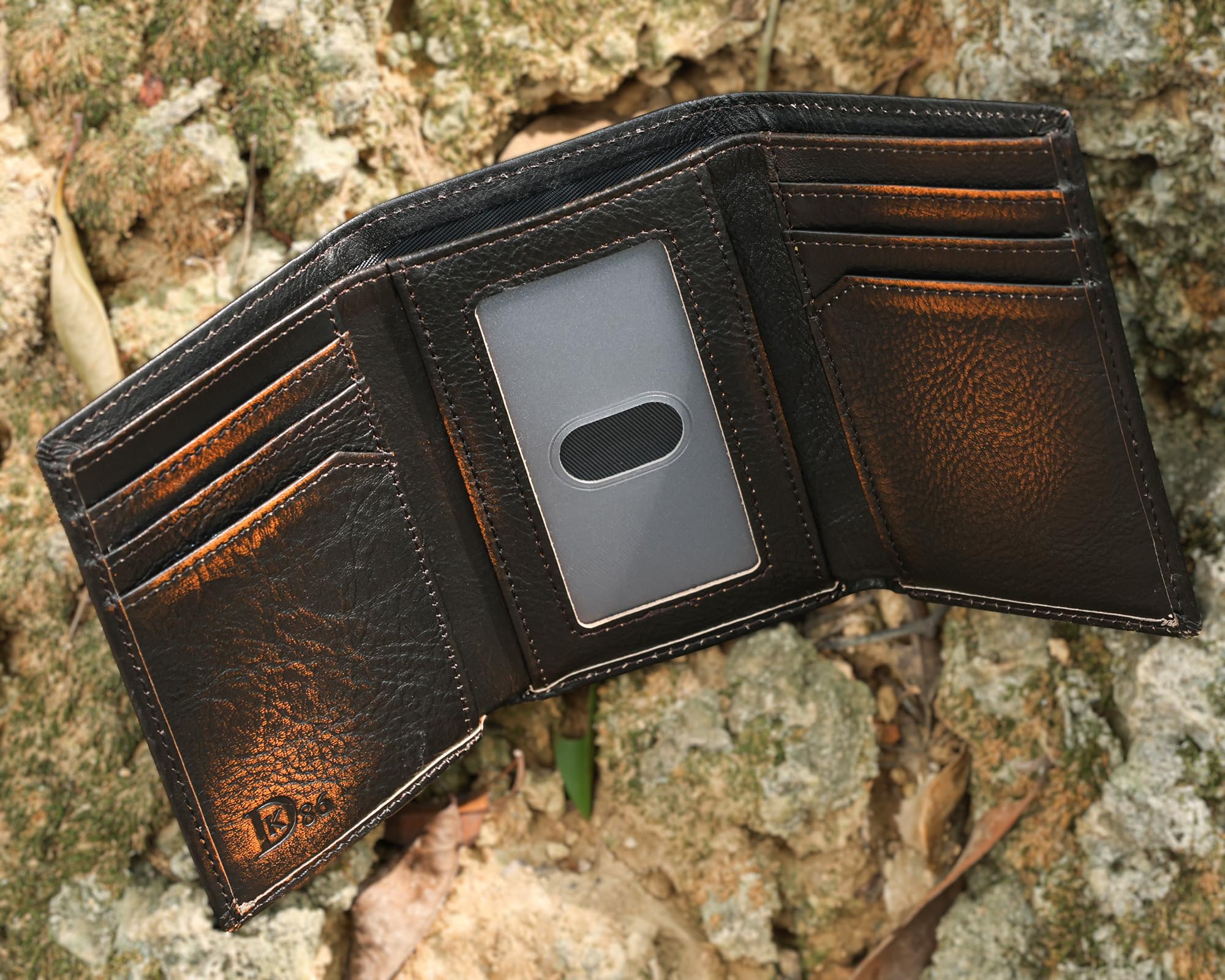 DK86 Deer Trifold Wallets for Men Full Grain Leather with Hand Burnished Tri-Fold Wallet RFID Blocking (Black and Brown)