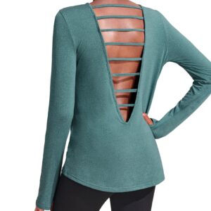 Back Long Sleeve Workout Tops for Women with Thumb Hole Backless Crewneck Gym Yoga Shirts Green