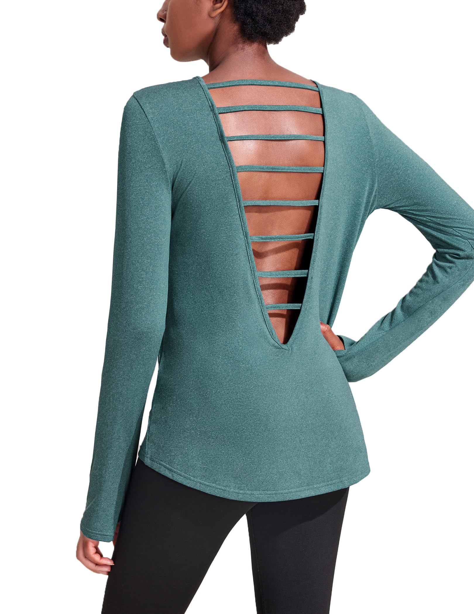 Back Long Sleeve Workout Tops for Women with Thumb Hole Backless Crewneck Gym Yoga Shirts Green