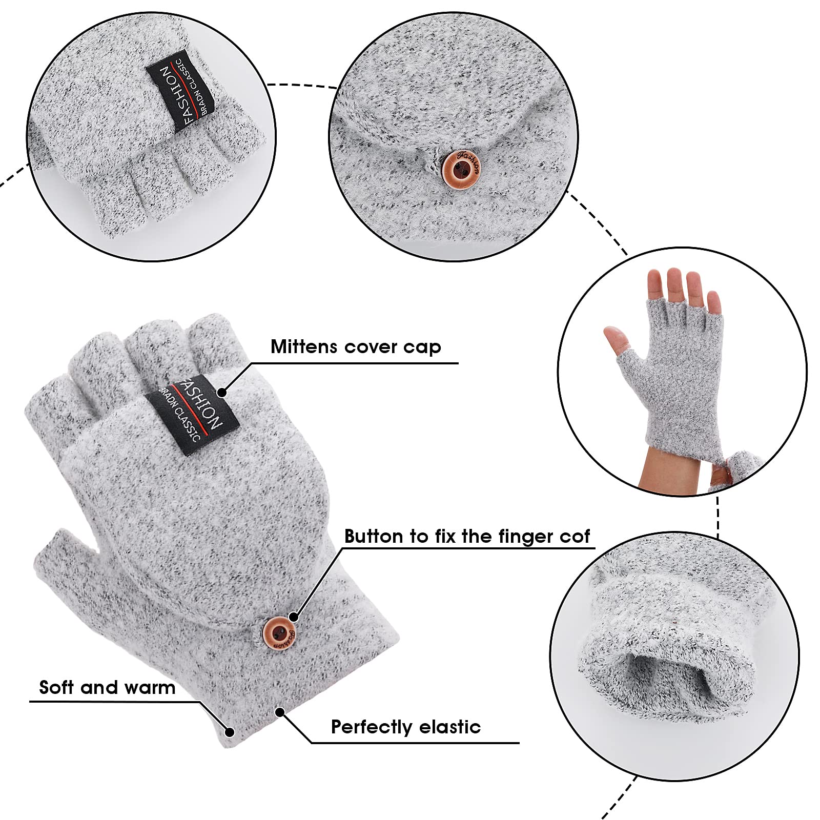 THINP Fingerless Gloves for Women and Men, Winter Gloves Warm Wool Knit Flip Fingerless Gloves with Cover Convertible Mittens Knitted Gloves (Grey)