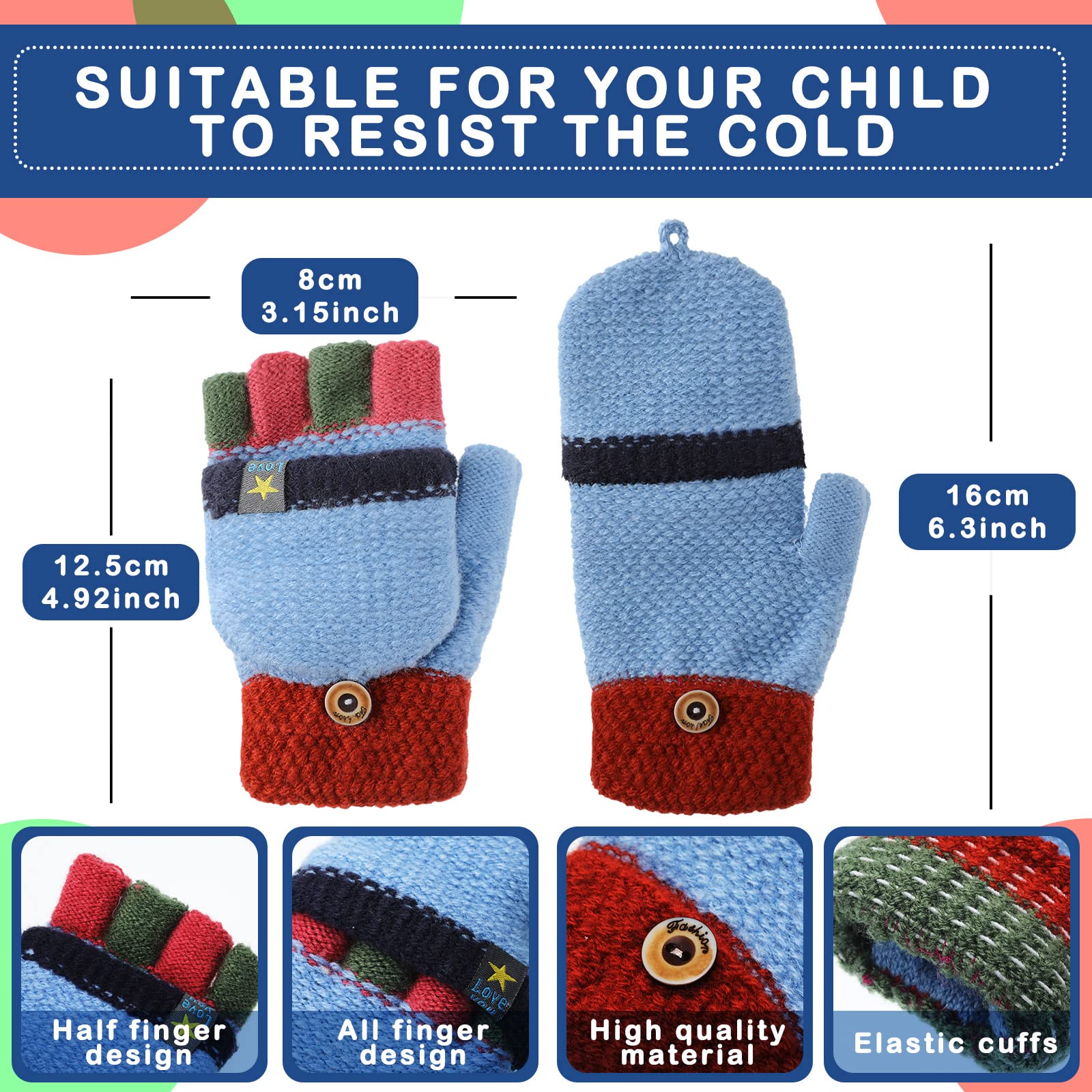 Bencailor 6 Pairs Kids Convertible Knitted Fingerless Gloves Kids Winter Warm Gloves with Mitten Cover Gloves for Children Kids Girls Boys Aged 6-10