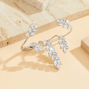 Aprilery Silver Statement Palm Ring, Fashion Plated CZ Cubic Zirconia Crystal Cocktail Rings Leaf Shape Full Fingers Adjustable Size Bracelet Jewelry Rings Gifts for Women