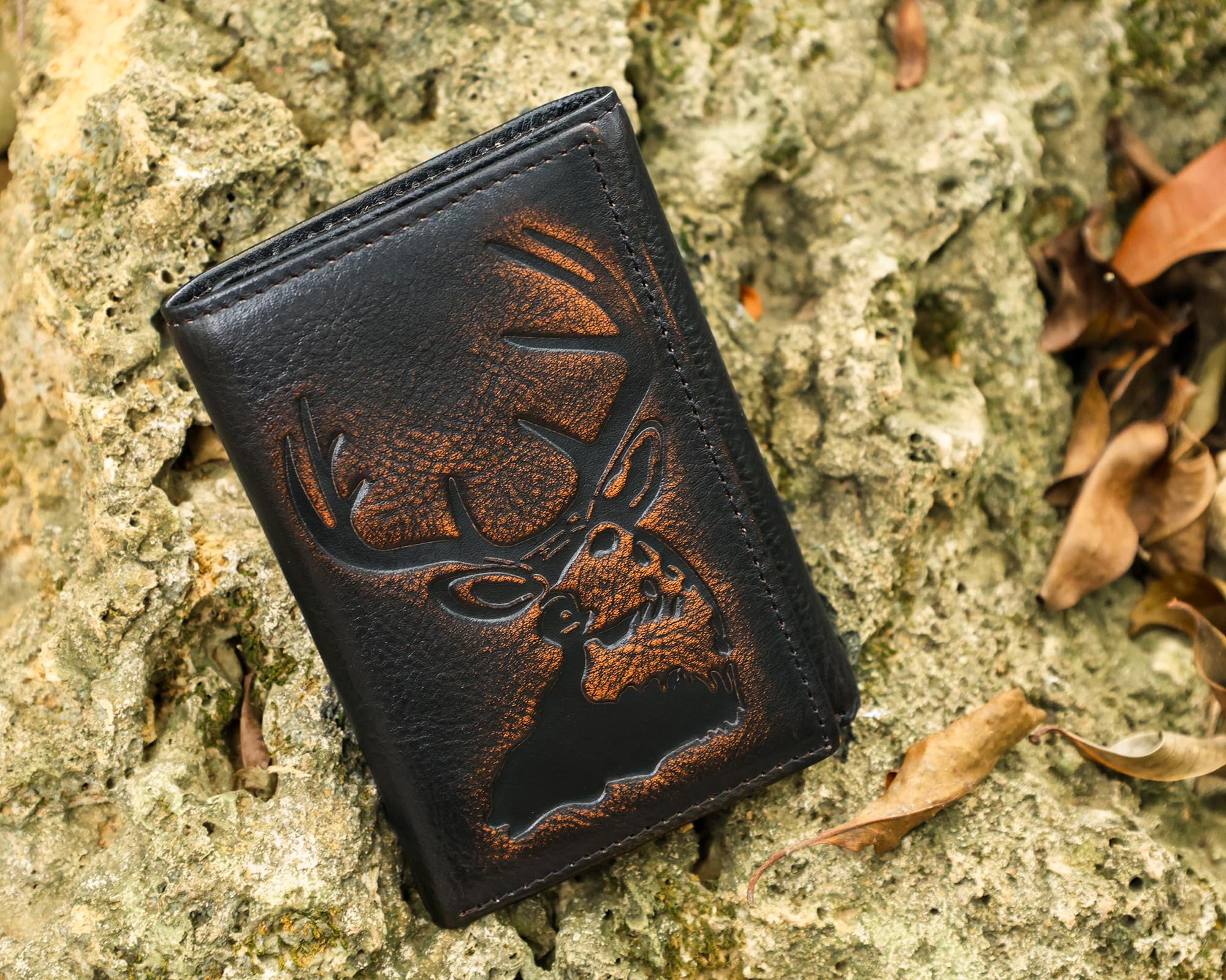 DK86 Deer Trifold Wallets for Men Full Grain Leather with Hand Burnished Tri-Fold Wallet RFID Blocking (Black and Brown)