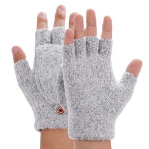 THINP Fingerless Gloves for Women and Men, Winter Gloves Warm Wool Knit Flip Fingerless Gloves with Cover Convertible Mittens Knitted Gloves (Grey)