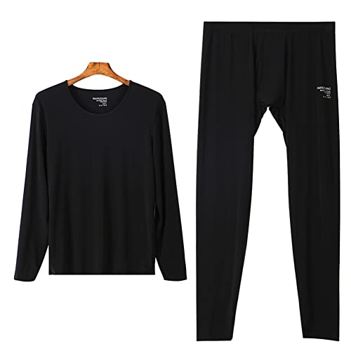 IYUNYI Men's Thermal Underwear Set, Ice Silk Feeling Long Johns, Winter Thin Base Layer Top & Bottom Black