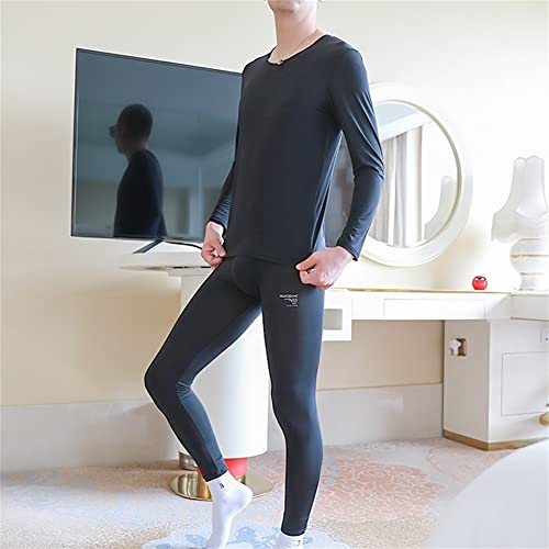 IYUNYI Men's Thermal Underwear Set, Ice Silk Feeling Long Johns, Winter Thin Base Layer Top & Bottom Black