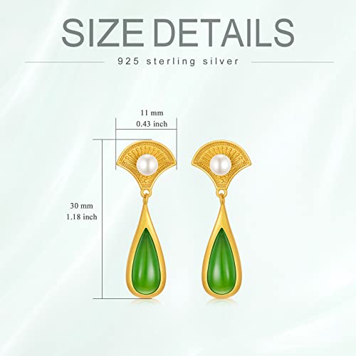 BETHZA Green Jade Earrings 925 Sterling Silver Gold Plated Teardrop Jade Dangle Earring Chinese Style Fan Drop Earring Jewelry Gifts for Women