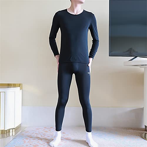 IYUNYI Men's Thermal Underwear Set, Ice Silk Feeling Long Johns, Winter Thin Base Layer Top & Bottom Black