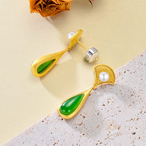 BETHZA Green Jade Earrings 925 Sterling Silver Gold Plated Teardrop Jade Dangle Earring Chinese Style Fan Drop Earring Jewelry Gifts for Women