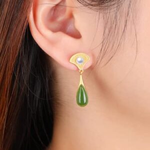 BETHZA Green Jade Earrings 925 Sterling Silver Gold Plated Teardrop Jade Dangle Earring Chinese Style Fan Drop Earring Jewelry Gifts for Women