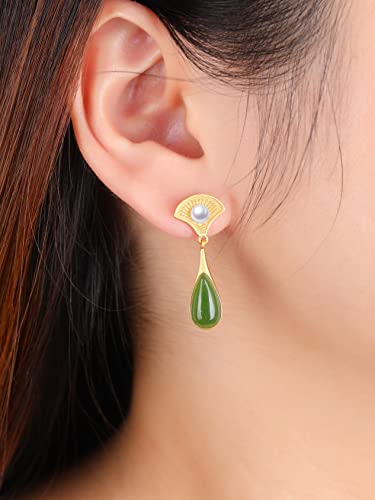 BETHZA Green Jade Earrings 925 Sterling Silver Gold Plated Teardrop Jade Dangle Earring Chinese Style Fan Drop Earring Jewelry Gifts for Women