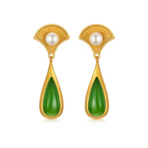 BETHZA Green Jade Earrings 925 Sterling Silver Gold Plated Teardrop Jade Dangle Earring Chinese Style Fan Drop Earring Jewelry Gifts for Women