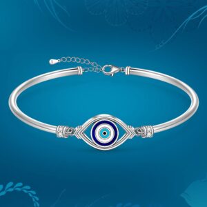 Evil Eye Bracelet for Women Sterling Silver Greek Turkish Blue Evil Eye Bangle Bracelets Adjustable Good Luck Protection Jewelry White Gold Cute Mothers Day Gifts