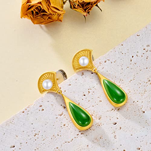 BETHZA Green Jade Earrings 925 Sterling Silver Gold Plated Teardrop Jade Dangle Earring Chinese Style Fan Drop Earring Jewelry Gifts for Women