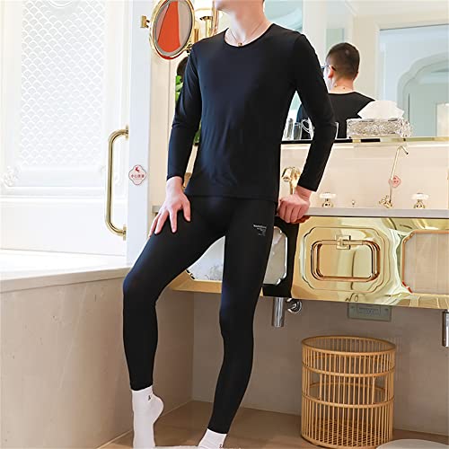 IYUNYI Men's Thermal Underwear Set, Ice Silk Feeling Long Johns, Winter Thin Base Layer Top & Bottom Black