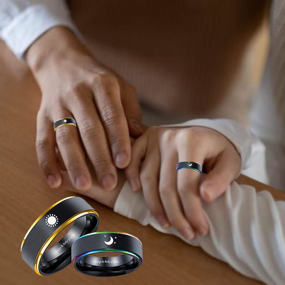 Personalized Couples Matching Rings Set for Him and Her Custom Name Rings for Couples Promise Rings for Couples Black Wedding Rings Sets His & Hers Engagement Rings Christmas Gift Valentine's Day Jewelry (Sun & Moon)